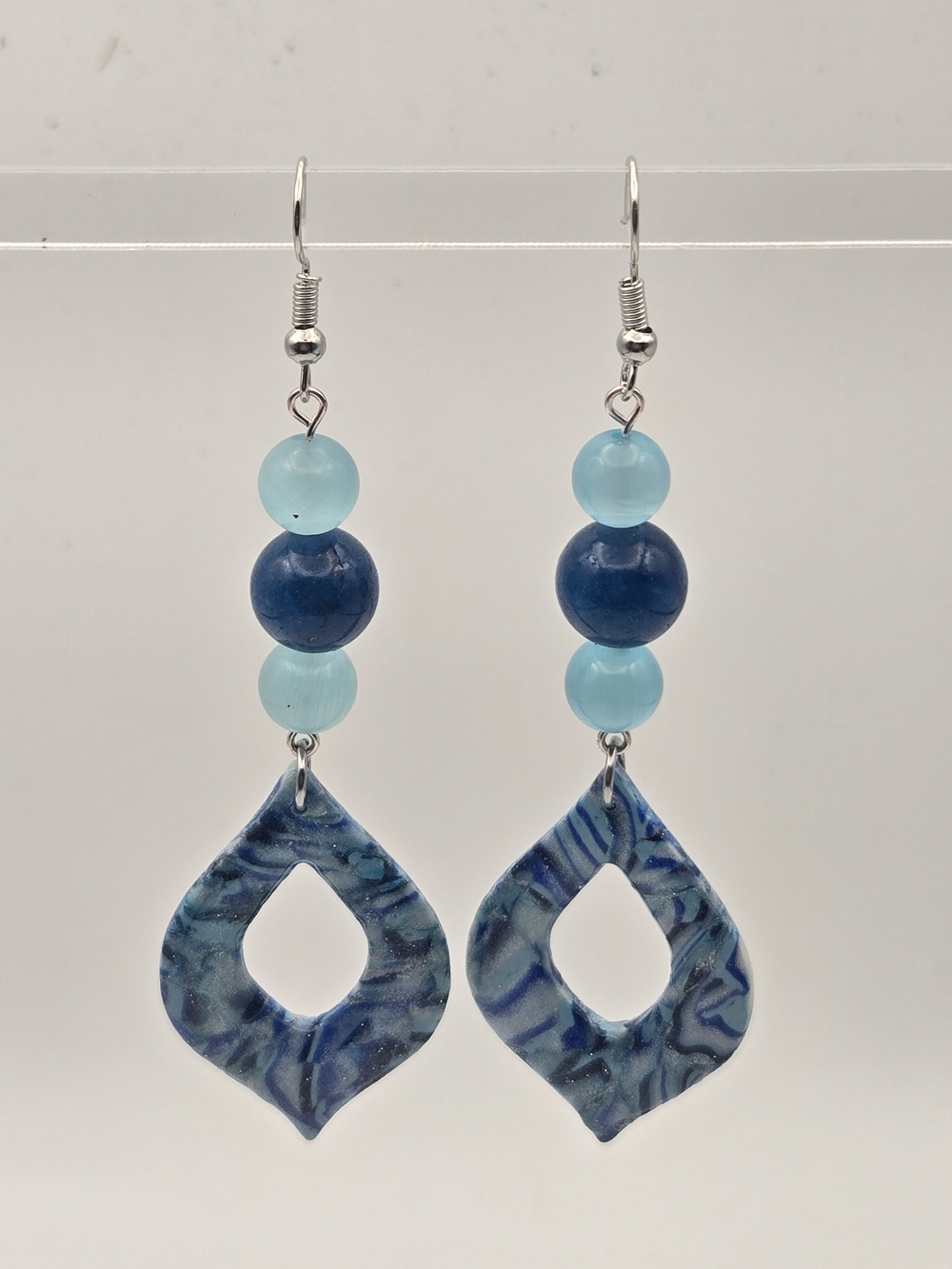 #B497- Blue Marbled Teardrop Bead Drop Earrings- Dolomite Jasper